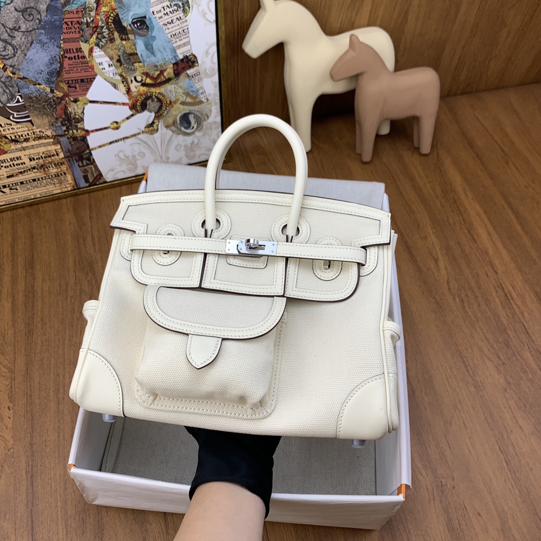 Hermes Cargo Birkin 25CM Limited Edition Canvas Handbag White